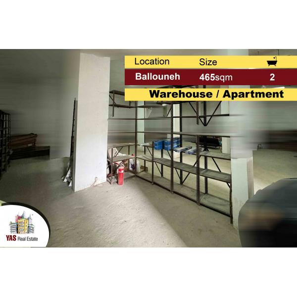 Ballouneh 465m2 Warehouse + Apartment | Road Level | New | Catch |